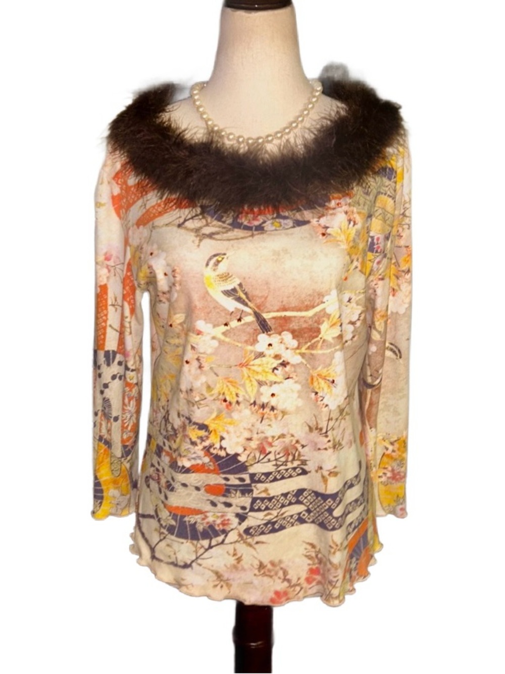 Boho Chic ~ Large ~ Beige W/Brown Fur Collar ~ Birds/Floral ~ Rhinestones Top